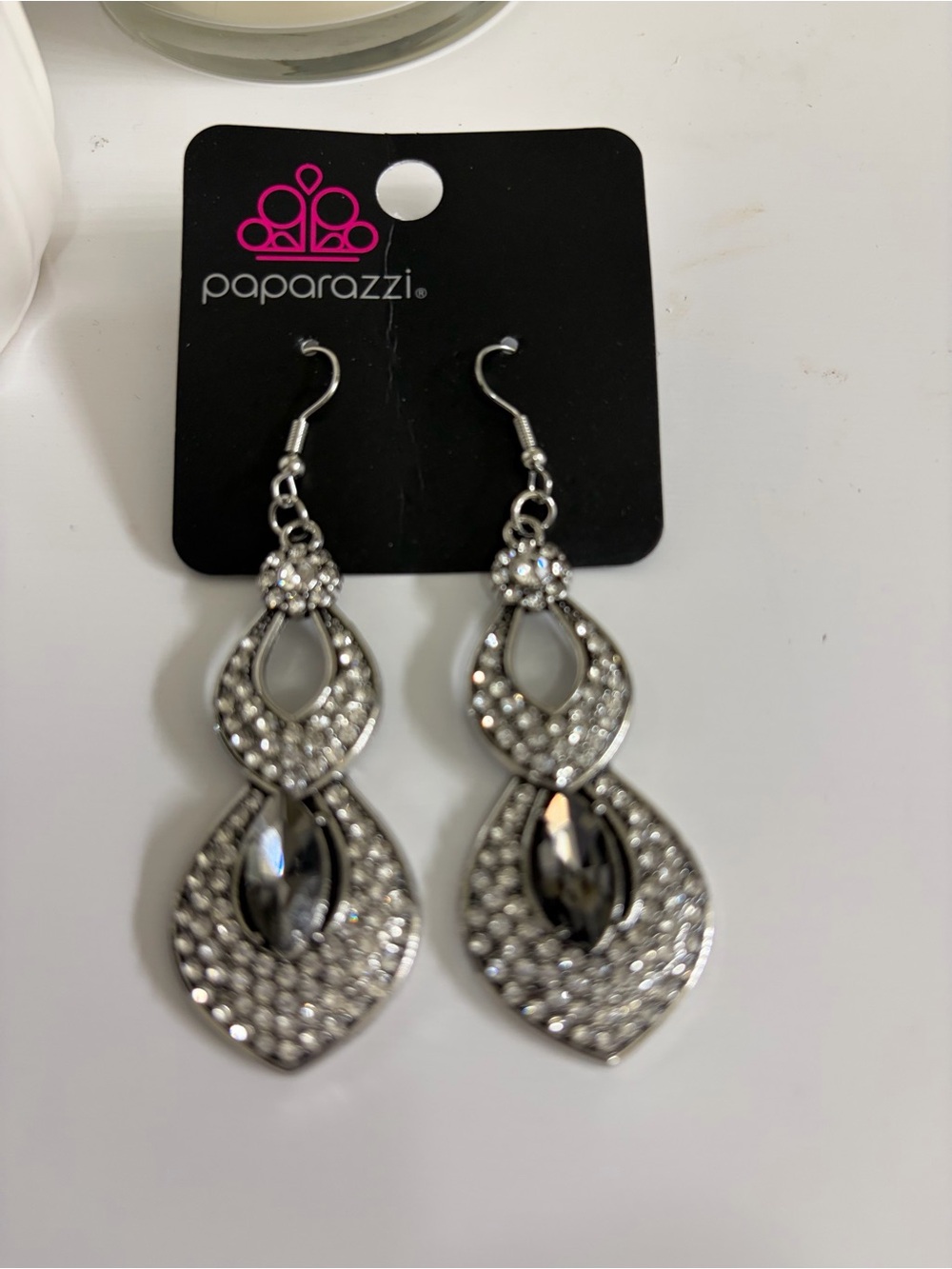 Paparazzi Silver Double Teardrop Crystal Dangle Earrings